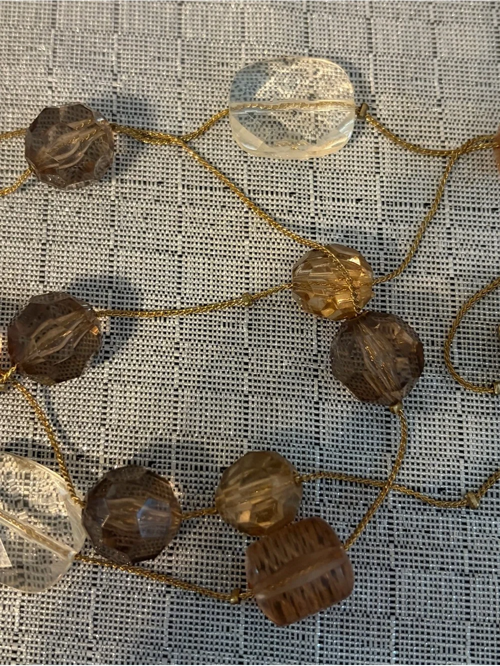 Elegant Long Beaded Necklace in Champagne and Clear Glass Beads